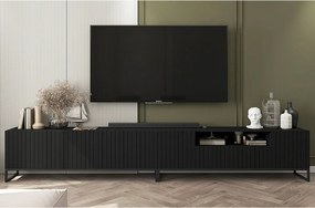 Szafka RTV z 7 drzwiami i wnęką – Korpus czarny mat, ryflowane fronty czarny mat – 300 cm, czarna metalowa rama