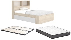 Łóżko 120 x 190 cm  ze skrzynią i - Naturalny i biały + Stelaż + Materac - VARDIEL