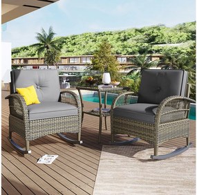 Zestaw mebli ogrodowych z rattanu - 2 fotele bujane - 1 stół barowy - dla 2 osób - blaty z akacji z szarymi poduszkami