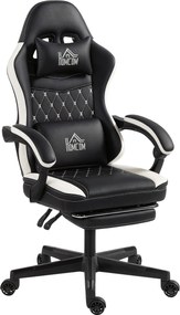 HOMCOM Fotel Gamingowy z Podnóżkiem, Fotel komputerowy z Poduszką i Książeczką, Skórzany Pokrowiec, Obrotowy, Wysokość Regulowana, Metal, Plastik, Czarny+Biały