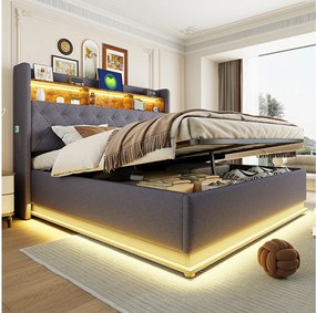 Łóżko z pojemnikiem 180 x 200 cm i zagłówkiem ze schowkiem - ładowanie USB i diody LED - tkanina lniana - szary