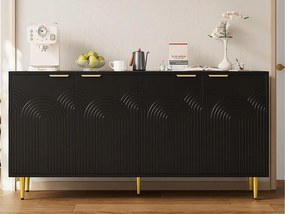 Nowoczesny kredens 160x40x80 cm – z 4 drzwiami – metalowe nogi – płyta wiórowa – czarny