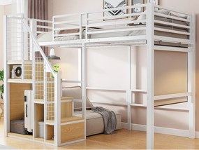 Łóżko mezzanine dla dzieci 90x200cm - z drabiną zabezpieczającą i schowkami - Białe