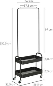 HOMCOM Metalowy wieszak na ubrania z półką na buty, na kółkach, wolnostojący, Czarny