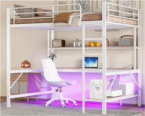 Łóżko mezzanine 140x200 cm - z barierkami - z drabiną - z USB i gniazdkami - z oświetleniem LED - z biurkiem + półkami wielopoziomowymi - białe (bez materaca)