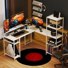 HOMCOM L-kształtne biurko narożne z zintegrowanym gniazdkiem, stojakiem na monitor i półką na przechowywanie, biały