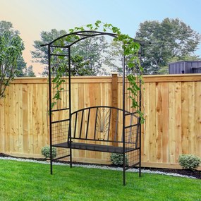 Outsunny Łuk Ogrodowy z Ławką Metalowa Brama Pergola Kratka dla Roślin Wspinających Czarny 152x58x207cm | Aosom PL