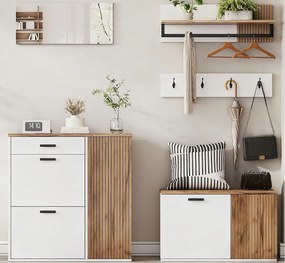 Zestaw wiatrołapowy - Szafa na buty i ławeczka na buty - Wieszak na ubrania i 4 wieszaki - Lustro - Naturalny+Biały