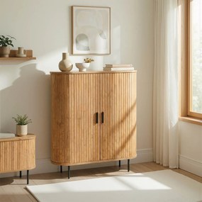 Komoda Wysoka Rozsuwana TRISH 100 cm Dąb Dwudrzwiowa Ryflowana Nowoczesna