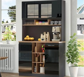 Nowoczesny bufet kuchenny 105×45×185 cm - 5 drzwi - regulowane półki - otwarte przechowywanie - czarny i naturalny