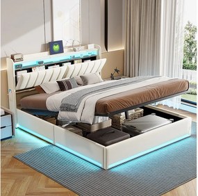 Łóżko z pojemnikiem na pościel o wymiarach 140x200 cm, w kolorze beżowego aksamitu, z oświetleniem LED RGB, zagłówkiem ze schowkiem oraz portami USB i USB-C