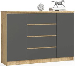 Komoda AKORD K140 Dąb Artisan 138 cm 2 drzwi 4 szuflady kolor Grafit Szary mat 4 półki 138x40x99 cm