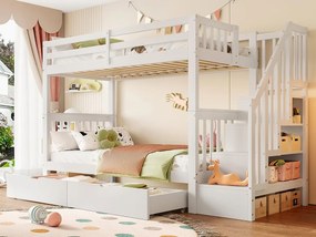 Łóżko piętrowe 90x200cm z drewna sosnowego - z 2 szufladami i schodami do przechowywania - Białe