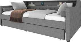 Kanapa z funkcją spania 90 x 200 cm - z oświetleniem LED - z wysuwanym łóżkiem - z USB - len - z stelażem na listwy - szary