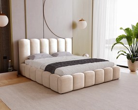 BESILIO Miękkie łóżko tapicerowane 120x200 Julien - łóżko z pojemnikiem, obłe łóżko, gęste pionowe pasy - Beżowy