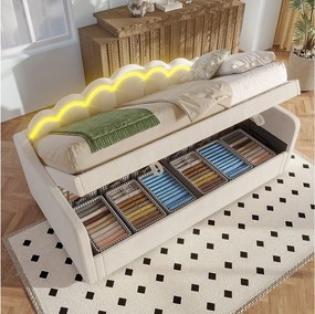 łóżko ze schowkiem - 90 x 200 cm - sofa rozkładana z LED-ami - bez materaca - aksamit + MDF - beż
