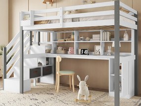 Łóżko antresolowe 90x200 cm - z biurkiem i półkami - bezpieczna drabinka 4-stopniowa - Drewno lite+MDF - Biały + Szary (bez materaca)