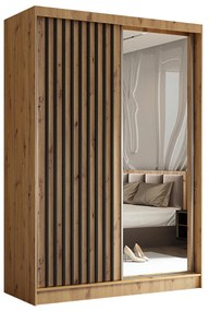 Szafa przesuwna - Lameo z lustrem 150 cm, dąb artisan | lamele czarny mat