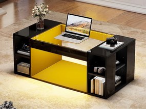 Błyszczący stolik kawowy 100x50x40cm - z oświetleniem LED - Otwarte przechowywanie - Blat hartowanego szkła - MDF - Czarny