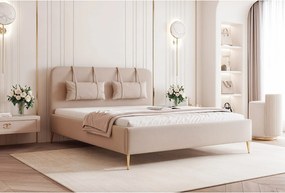 BESILIO Łóżko na złotych nogach 160x200 Monti II - Łóżko slim, ozdobne poduszki ściągane, metalowe nogi, ze stelażem i pojemnikiem na pościel- Beżowy