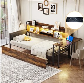 Sofa rozkładana 90x200 cm Łóżko dla dorosłych z gniazdami LED i USB, 2 szufladami i biurkiem - naturalne (bez materaca)