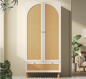 Szafa 85.5x52x180.5cm - Regulowane półki i wieszaki na ubrania - z 2 drzwiami z rattanu i 1 szufladą - styl wiejski - Biały + Naturalny