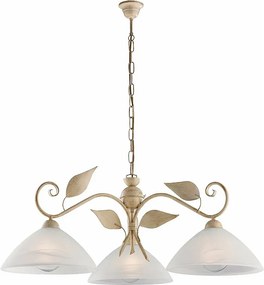 Żyrandol z żelaza w kolorze kości słoniowej, dekor stare złoto, klosze alabastrowe Ø30 cm, 3 światła, Ø79 cm