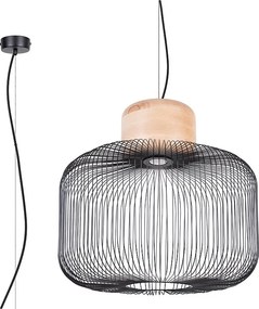 Lampa wisząca industrialny Gabbia, stal/drewno - 1 źródło - L.55 x H.201 cm - czarny/naturalne drewno