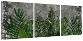 Obraz - Betonowa ściana z roślinami (z zegarem) (90x30 cm)