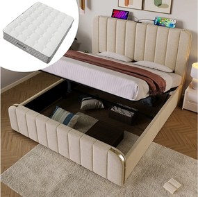 Łóżko tapicerowane dwuosobowe - 180 x 200 cm - z zagłówkiem + USB + schowek hydrauliczny - len - beżowe (z materacem)