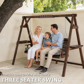 Outsunny Huśtawka hollywoodzka, 3-osobowa huśtawka ogrodowa z drewna, huśtawka z poduszką i półkami do 330 kg Zwęglony | Aosom PL