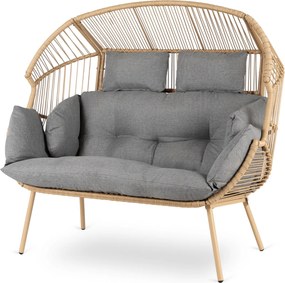 Fotel ogrodowy 2-osobowy kokon Belira, technorattan, boho, z szarymi poduszkami