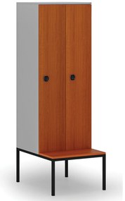Drewniana szafa ubraniowa z ławką, 2-drzwiowa, 1871 x 600 x 500/800 mm, demontaż, zamek kodowy, szary/czereśnia