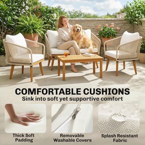 Outsunny Zestaw Mebli Ogrodowych 4-częściowy Rattanowy Zestaw Wypoczynkowy z Sofą Dwuosobową, 2 Fotelami, Stolik z Laminowanym Drewnem Akacjowym, Grube Zdejmowane Poduszki | Aosom PL
