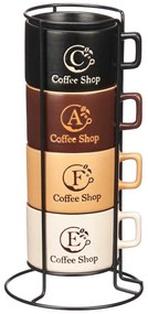 Zestaw 4 ceramicznych kubków na metalowym stojaku COFFEE SHOP, 180 ml