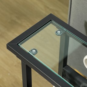 HOMCOM Metalowy stolik pomocniczy z torbą z tkaniny i blatem ze szkła, wąski stolik do salonu, sypialni, Czarny