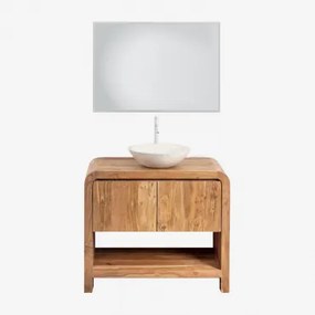 Zestaw Mebli Łazienkowych Z Drewna Vacry Akacja Brąz & Cement Okrągły Biały Ø40 Cm Zavion & Prostokątna Lampa Led I Przeciwmgielna 100x70 Cm Riben & B