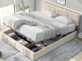 Łóżko ze schowkiem 140 x 200 cm - aksamit - stelaż listwowy - regulowany zagłówek - styl nowoczesny - beż