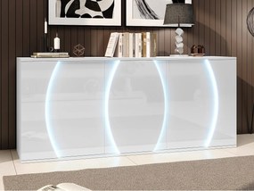Lakierowany kredens o wysokim połysku 150x40x70 cm - Mebel pokojowy 3 drzwi - Oświetlenie LED - Płyta wiórowa - Biały