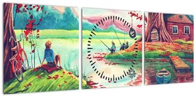 Obraz - Akwarela, Bay in a mountain village (z zegarem) (90x30 cm)