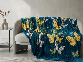 Koc z mikropluszu ZŁOTY I BIAŁY MOTYL, ciemnozielona Rozmiar: 160 x 200 cm
