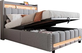 Łóżko z tapicerowanym zagłówkiem 140x200cm - z oświetleniem LED + gniazdem USB - z półkami - len - szary (materac nie jest w zestawie)