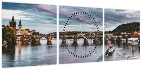 Obraz rzeki Wełtawy (z zegarem) (90x30 cm)