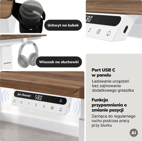 Biurko elektryczne z regulacją wysokości ergonomiczne białe/orzech,1400x700 mm: ARIA