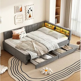 Kanapa z funkcją spania 140 x 200 cm z szarego lnu, pufa łóżkowa z pojemnikiem, 2 szuflady, LED i USB + typ C