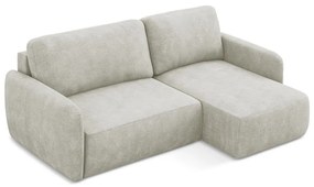 Kremowy narożnik rozkładany z tkaniny szenilowej ze schowkiem (prawostronny/z szezlongiem) Lilo – Makamii