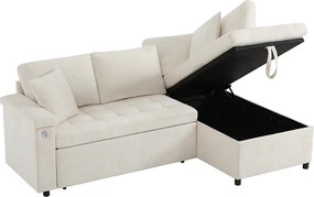 Sofa 3-osobowa, Sofa rozkładana z portami USB i schowkiem, tapicerowane oparcie - Beżowy szenil