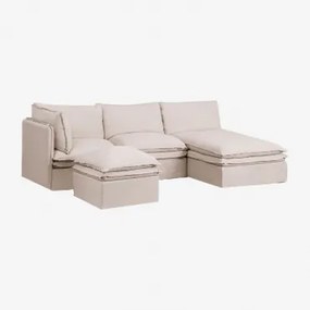 Sofa Modułowy Z Szezlongiem 3-częściowy I Pufą Z Lnu I Bawełny Grace Tkaniny Beige - Sklum