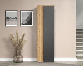Wąska szafa dwudrzwiowa z półkami grafit + dąb evok T9-N58