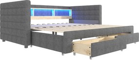 Leżanka 90x190 cm, łóżko wysuwane z oświetleniem LED i USB, 2 szuflady - aksamitny Grey  (bez materaca)